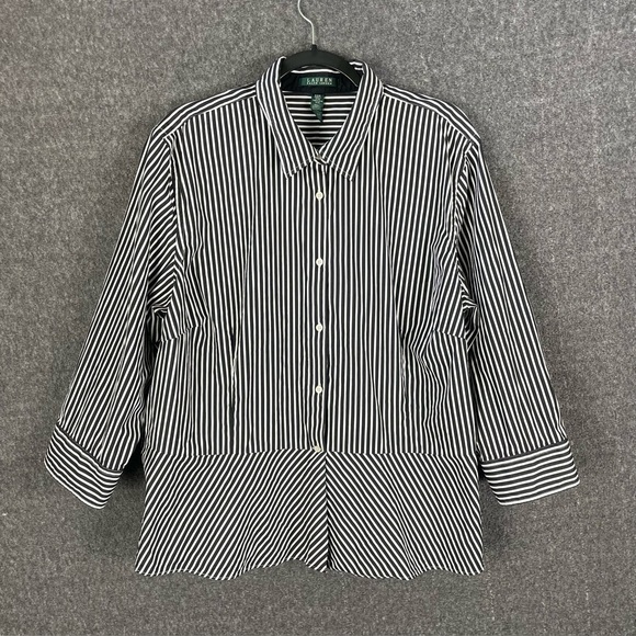 Lauren Ralph Lauren 22W Black White Striped Peplum Button Blouse Work Office - Picture 3 of 11